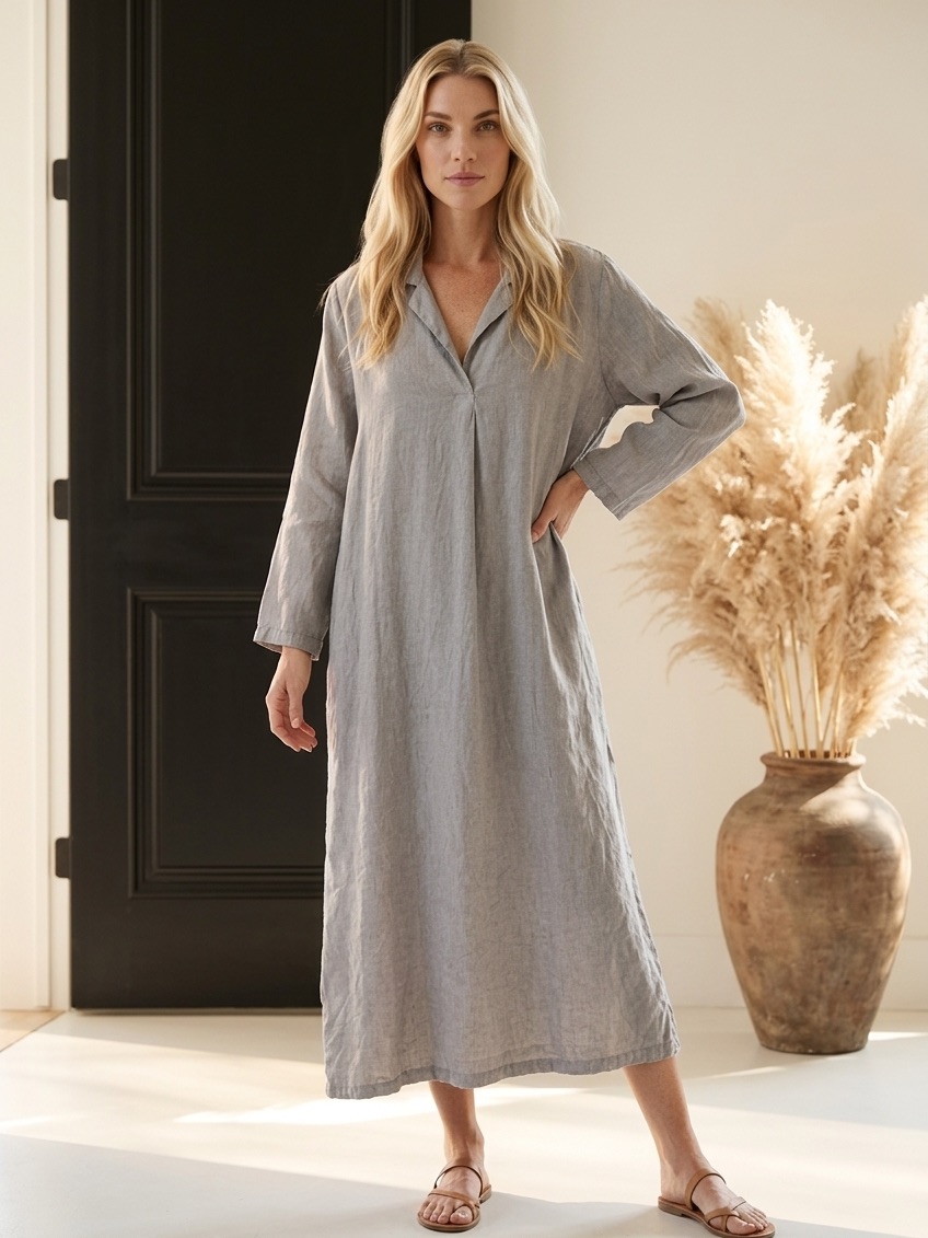 Haris Cotton Maxi Light Gray Linen Long Sleeve Shirt Dress (M)